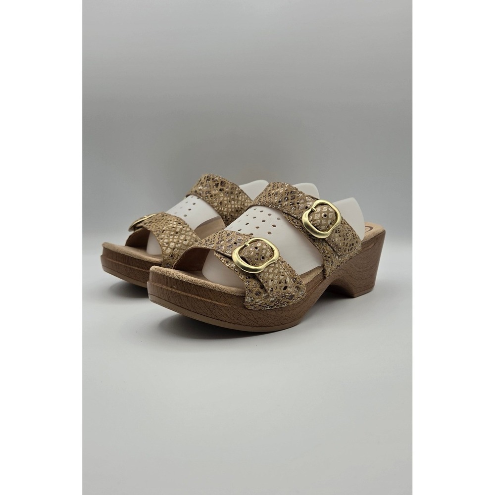 Dansko Sophie Women's Sandals 37 Gold Snake Print Leather Wedge Double Buckle